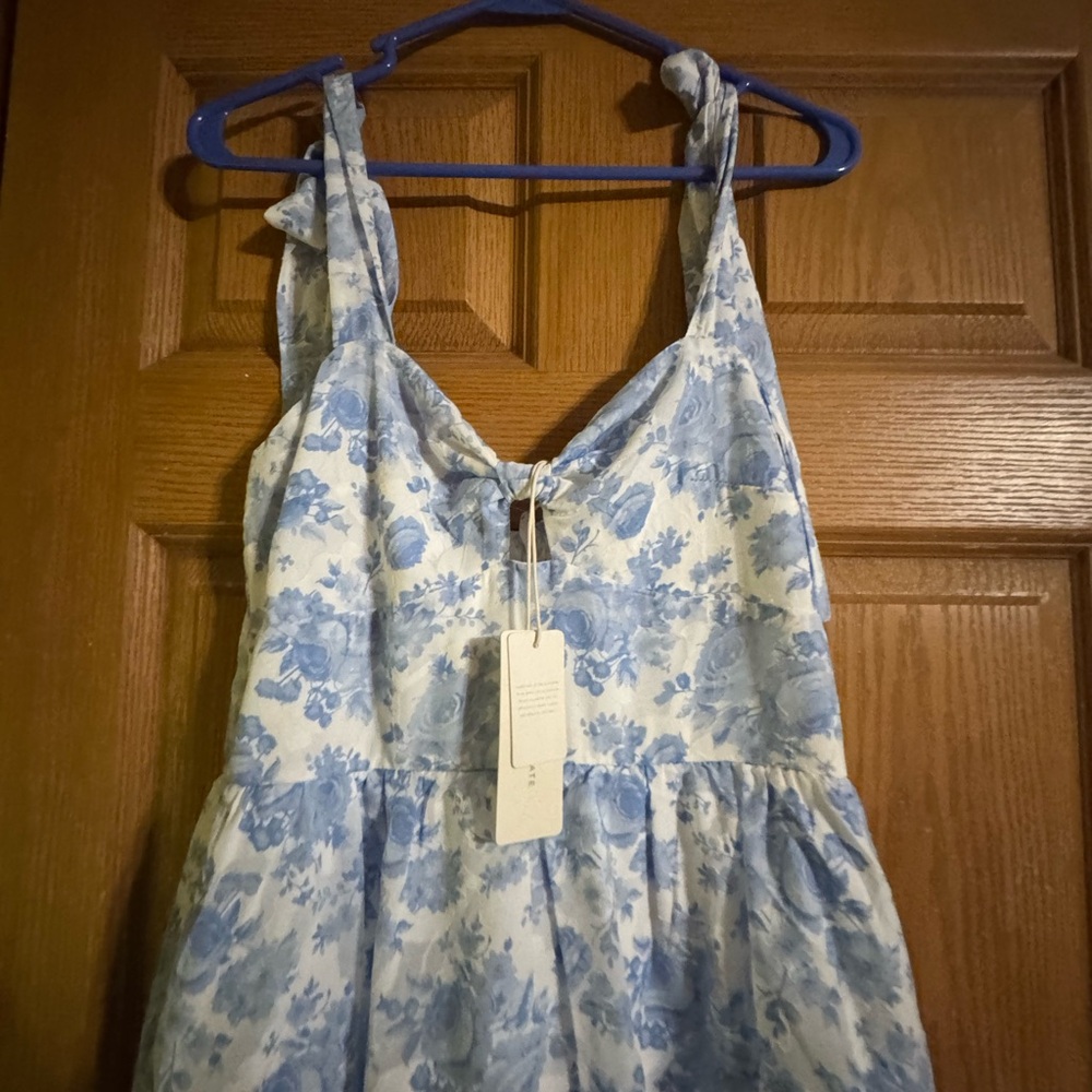 Altar'd State Blue and White Floral Tiered Maxi Dress with Tie Straps - Picture 14 of 14